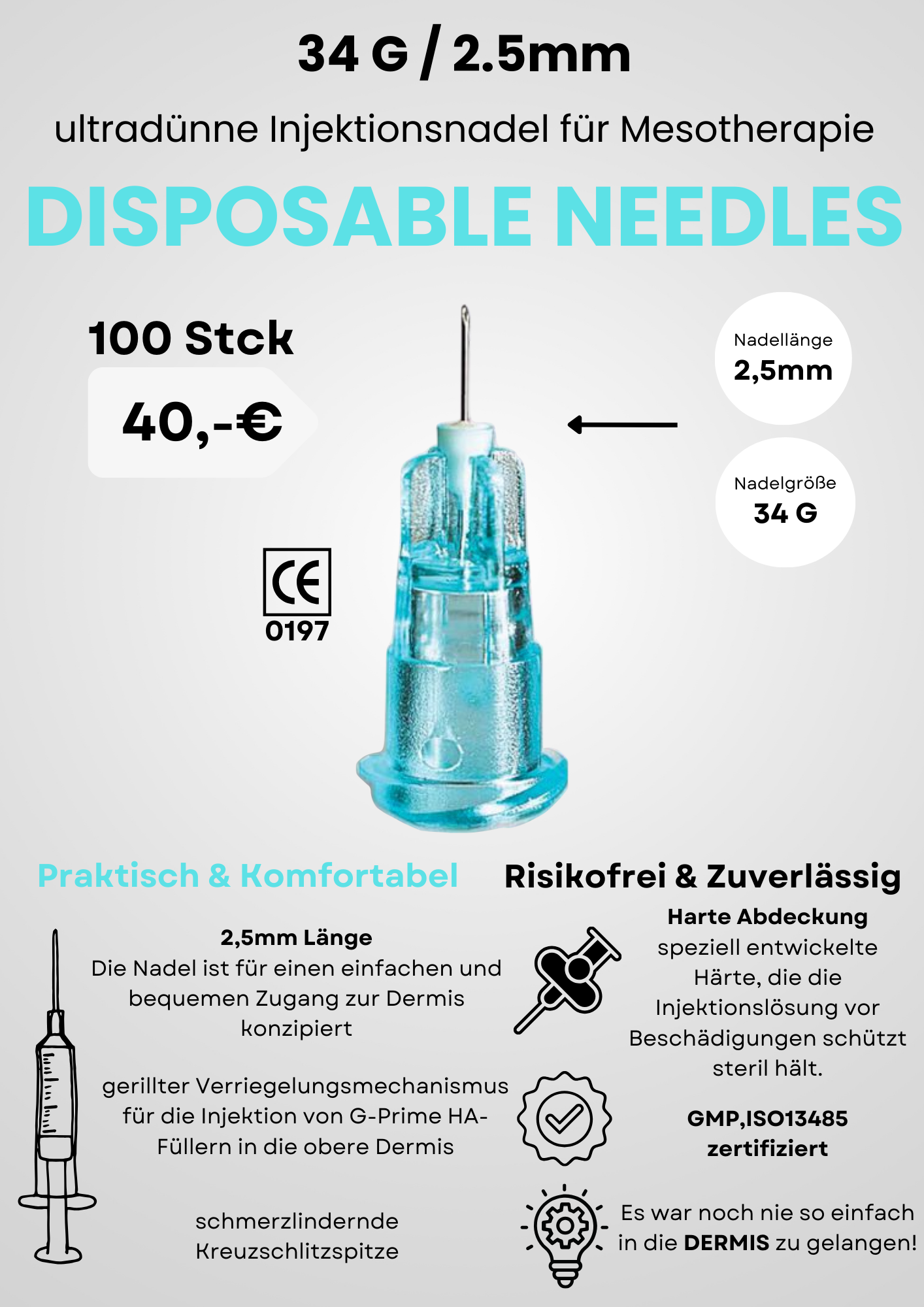 Disposable Needle - 100x 34G 2.5mm - Belderma