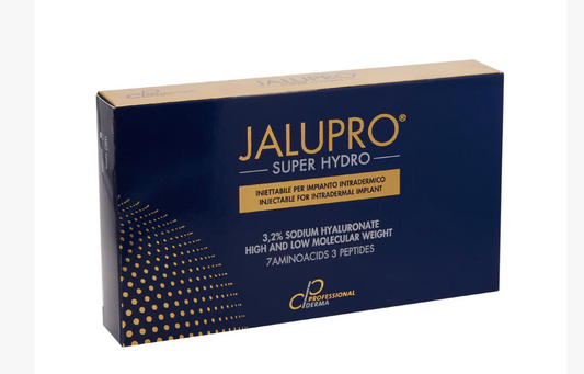 Produktverpackung von Jalupro Super Hydro 2.5 ml Skin Booster mit Hybrid-Hyaluronsäure, Aminosäuren und Peptiden von Professional Derma SA