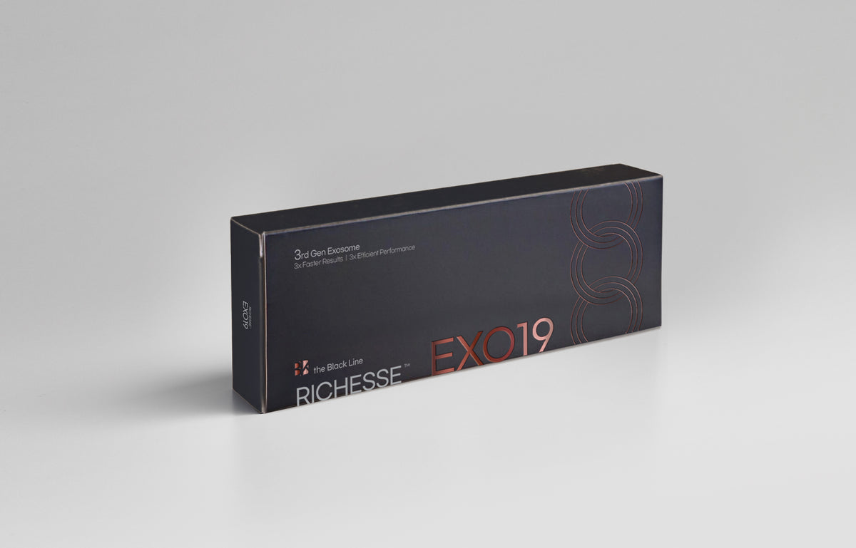 RICHESSE™ EXO19 Produktverpackung – professioneller Exosomen Skin Booster mit Immun-Exosomen, Hyaluronsäure, Polynukleotiden (PN), Peptiden und Glutathion.
