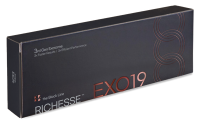 RICHESSE™ EXO19 Produktverpackung – professioneller Exosomen Skin Booster mit Immun-Exosomen, Hyaluronsäure, Polynukleotiden (PN), Peptiden und Glutathion.