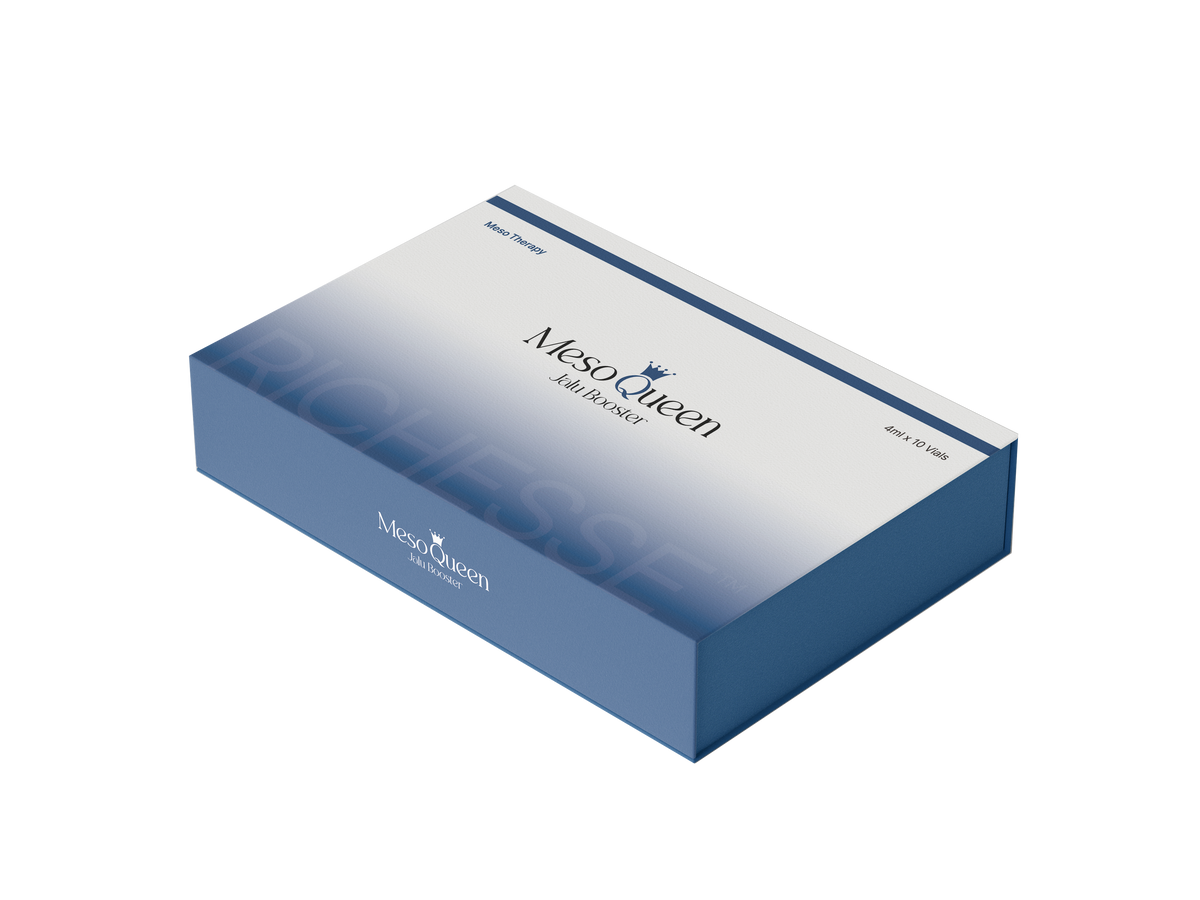Freigestellte Produktverpackung des RICHESSE™ Meso Queen Jalu Boosters mit Polynukleotiden (PN), N-Acetyl-Glucosamin (NAG) und Hyaluronsäure für professionelle Hautregeneration.